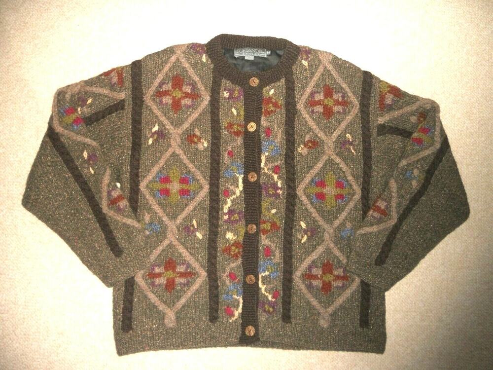 VINTAGE Womens Sweater/Jacket-ICELANDIC DESIGN-green/brown wool floral lined-M